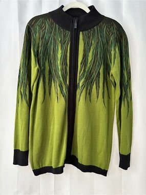 Bob Mackie Green and Black Knit Zipper Top Feather Wearable Art